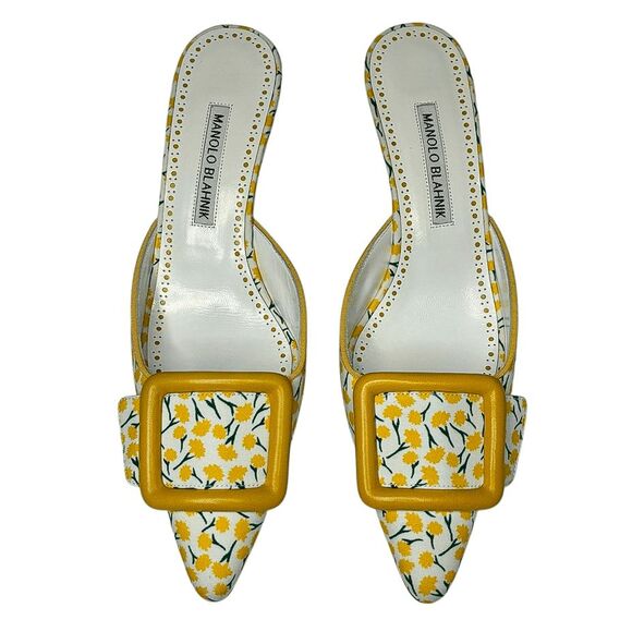 Manolo Blahnik Printed Buckle Mules Maysale EU 38 Floral Cotton Slip On Heels - Picture 2 of 10